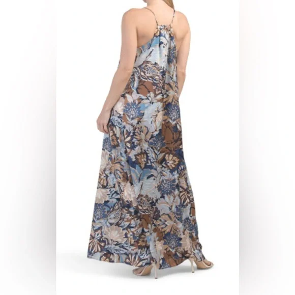Tahari Arthur Levine Navy/Tan Floral Maxi Dress - Picture 3 of 9